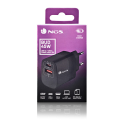 Chargeur secteur NGS Bud 1x USB-C + 1x USB-A 45W (Noir)